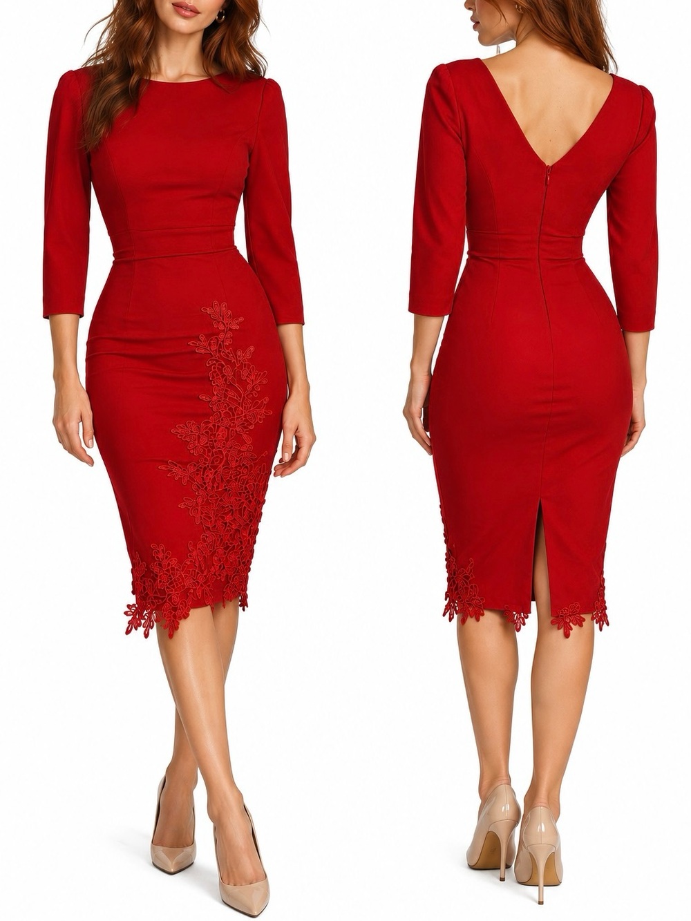 Red Fitted Dress with Lace Appliqué from Little Mistress UK